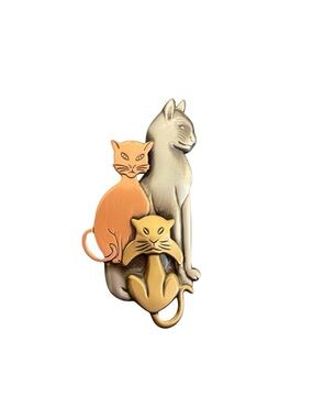 K&T Vintage Mixed Metal Triple Cat Brooch Pin Silver Gold Copper Tones Signed
